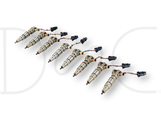 03-07 Ford F250 F350 6.0 6.0L Diesel Fuel Injector Set (8) Injectors *Cores* arranged in a row, designed for Ford Powerstroke Super Duty trucks, for parts or repair use.