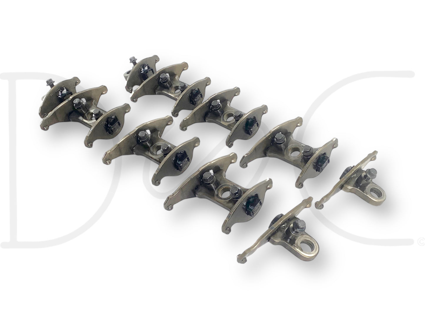 03-07 Ford F250 F350 6.0 Intake Exhaust Rocker Arm Pedestal Set (8 Cylinders) in used good condition with light wear, showing 10 metal rocker arm pedestals and 2 rocker arms, compatible with Ford Super Duty diesel engines.