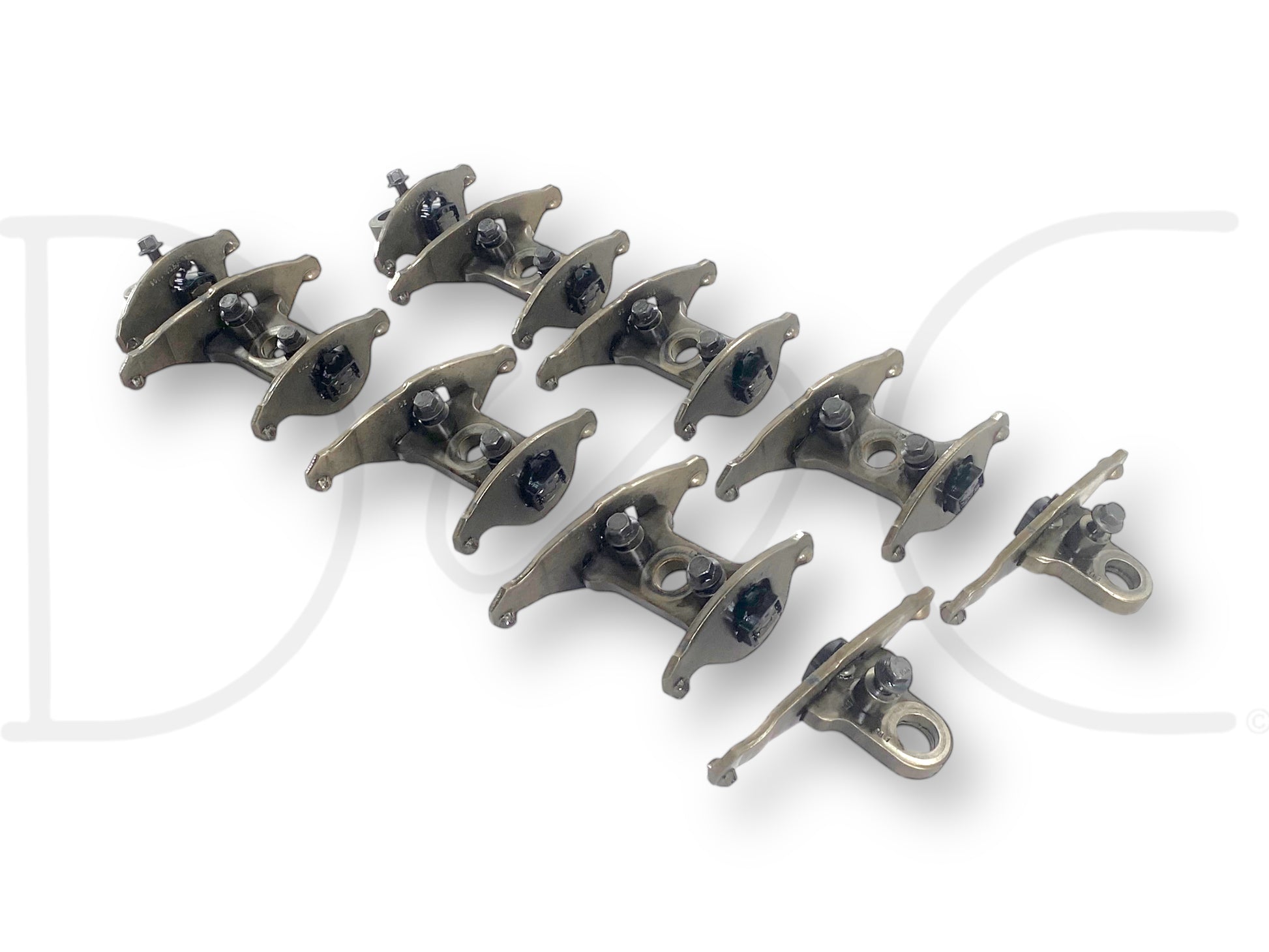 03-07 Ford F250 F350 6.0 Intake Exhaust Rocker Arm Pedestal Set (8 Cylinders) in used good condition with light wear, showing 10 metal rocker arm pedestals and 2 rocker arms, compatible with Ford Super Duty diesel engines.