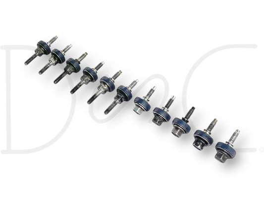 03-07 Ford F250 F350 6.0 6.0L Powerstroke Diesel Valve Cover Bolts Bolt Set (11) arranged in a line on a white background, showing used bolts with light wear sourced from a 2007 Ford F-250 Lariat 6.0L diesel engine.