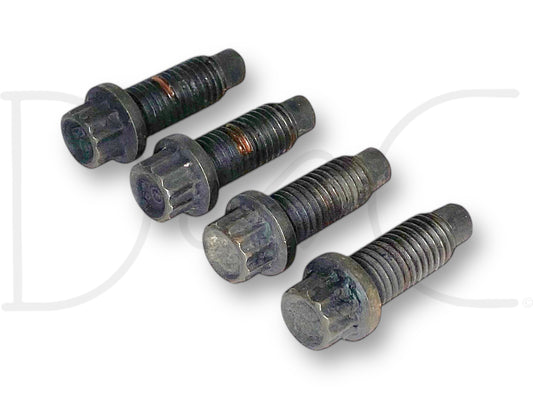 99-10 Ford Super Duty F250 F350 Driveshaft To Flange Bolts OEM Bolt Set (4) showing four used OEM flange bolts with light wear, compatible with 1999-2010 Ford F-250, F-350, F-450, and F-550 trucks, designed for diesel Powerstroke models and Super Duty applications.