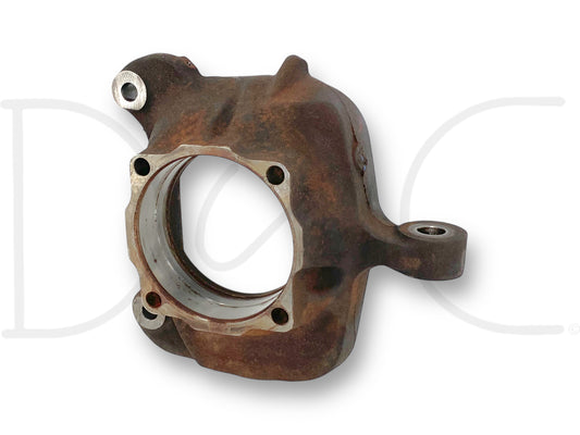 05-12 Ford F250 F350 DANA 60 Front Axle Steering Knuckle Spindle RH Passenger part, used condition with light wear, removed from 2007 Ford F-250 Lariat 6.0L Diesel 4WD, compatible with 2005-2012 F-250 and F-350 trucks, rusted metal component for front axle assembly.