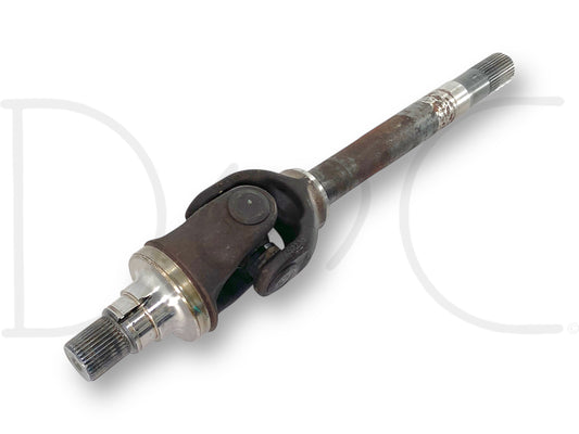 05-12 Ford F250 F350 Super Duty 4X4 DANA 60 Front Axle Shaft LH Left Driver OE shown with light wear and used condition, featuring splined ends and universal joint, compatible with 6.0L Powerstroke engines from 2005 to 2012 Super Duty trucks.