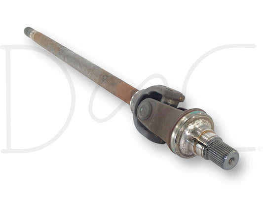 05-12 Ford F250 F350 Super Duty 4X4 DANA 60 Front Axle Shaft RH Right Passenger used with light wear, suitable for 2005-2007 Ford F-250 and F-350 trucks, featuring a splined end and U-joint assembly for 6.0L Powerstroke diesel Super Duty models.