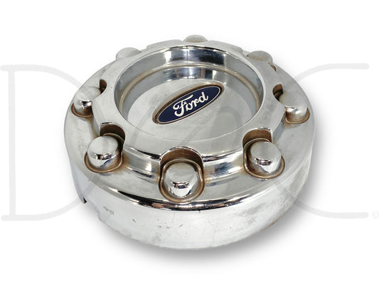 05-16 Ford F250 F350 Super Duty Wheel Center Hub Cap Hubcap Chrome OEM, used condition with light wear and scratches, compatible with 2005-2016 Ford F-250 and F-350 trucks, chrome finish featuring blue Ford emblem, suitable for models including 6.0L Powerstroke engines.