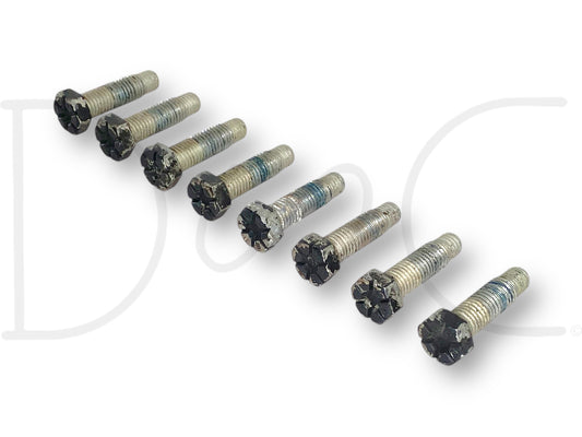 05-10 Ford F250 F350 SRW Sterling 10.5 Rear Axle Shaft Flange Bolt Set 8 Bolts, used condition with light wear, arranged in a row showing threads and star-shaped bolt heads, compatible with 2005-2010 Ford F-250 and F-350 trucks.
