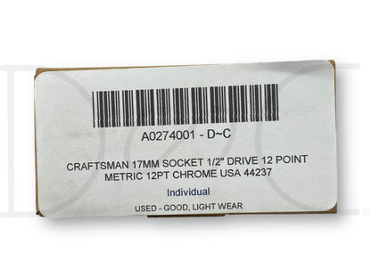 Craftsman 17MM Socket 1/2" Drive 12 Point Metric 12Pt Chrome USA 44237