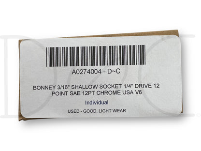 Bonney 3/16" Shallow Socket 1/4" Drive 12 Point Sae 12Pt Chrome USA V6