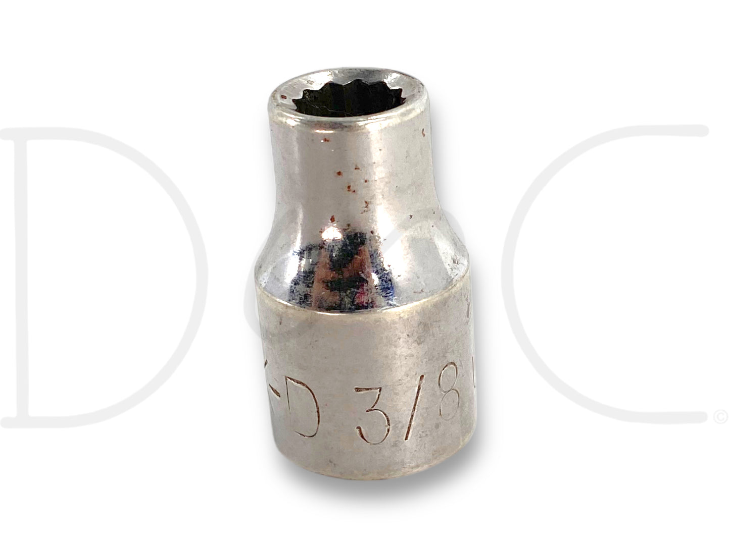 K-D 3/8" Shallow Socket 1/2" Drive 12 Point Sae 12Pt Chrome USA 533112 shown with a chrome finish, light wear visible, used condition, designed for automotive and mechanical applications requiring a 12-point socket.