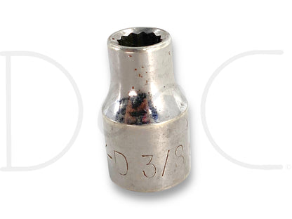K-D 3/8" Shallow Socket 1/2" Drive 12 Point Sae 12Pt Chrome USA 533112 shown with a chrome finish, light wear visible, used condition, designed for automotive and mechanical applications requiring a 12-point socket.