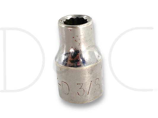 K-D 3/8" Shallow Socket 1/2" Drive 12 Point Sae 12Pt Chrome USA 533112 shown with a chrome finish, light wear visible, used condition, designed for automotive and mechanical applications requiring a 12-point socket.