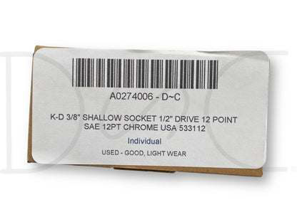 K-D 3/8" Shallow Socket 1/2" Drive 12 Point Sae 12Pt Chrome USA 533112
