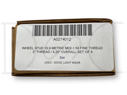 Wheel Stud 10.9 Metric M22-1.50 Fine Thread 3" Thread / 4.25" Overall Set Of 8