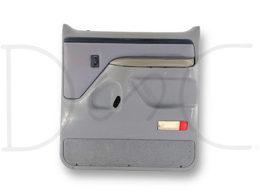 94-97 Ford F250 F350 RH Right Passenger Rear Door Panel Power Opal Gray OE with used condition showing light wear and blemishes, including wear on armrest pad, compatible with 1994-1997 Ford F-250 and F-350 trucks, featuring power window control and original hardware.