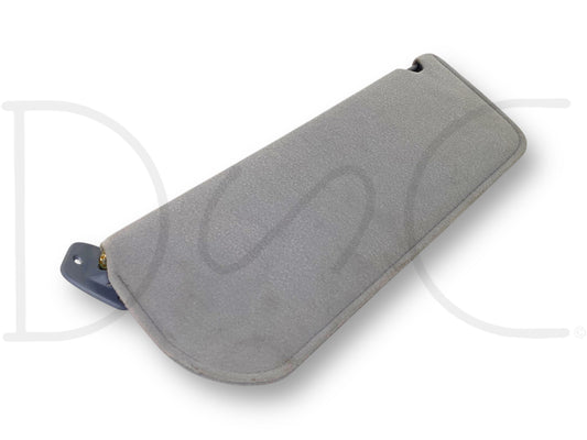 87-97 Ford F250 F350 RH Right Passenger Sun Visor Opal Gray W/ Mirror OEM showing a used, good condition sun visor with light wear, designed for 1987-1997 Ford F-250 and F-350 trucks, featuring an opal gray fabric surface and integrated mirror.