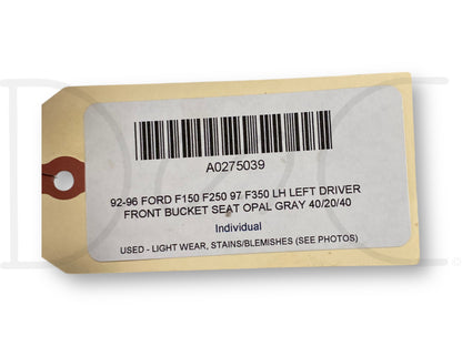 92-96 Ford F150 F250 97 F350 LH Left Driver Front Bucket Seat Opal Gray 40/20/40