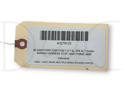 00 2000 Ford F250 F350 7.3 7.3L ZF6 XLT Dash Wiring Harness YC3T-14401-P260Z Amr