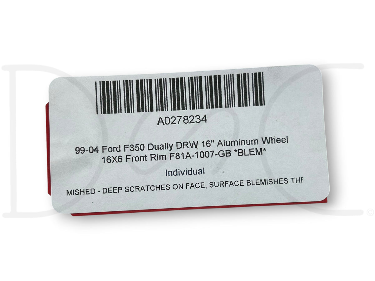 99-04 Ford F350 Dually DRW 16" Aluminum Wheel 16X6 Front Rim F81A-1007-Gb *Blem*