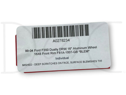 99-04 Ford F350 Dually DRW 16" Aluminum Wheel 16X6 Front Rim F81A-1007-Gb *Blem*