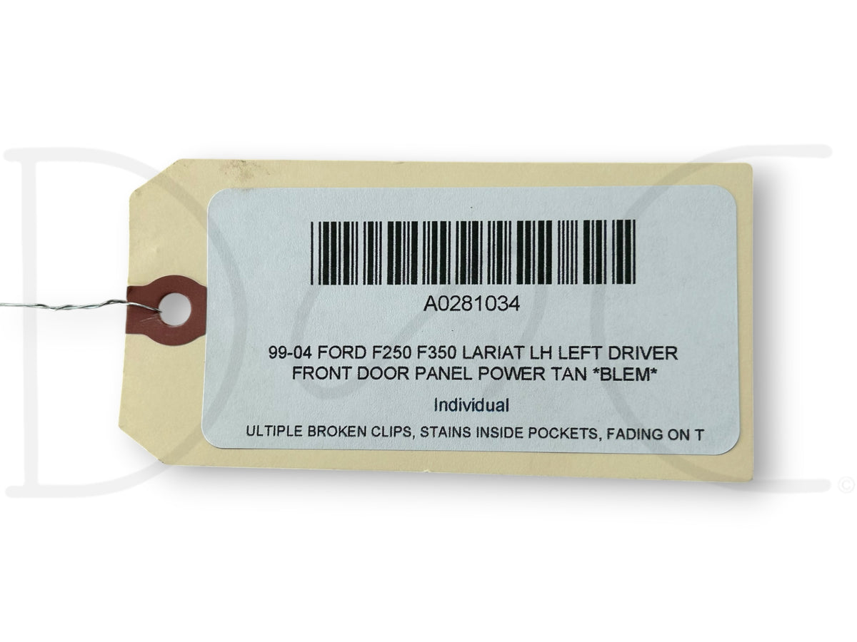 99-04 Ford F250 F350 Lariat LH Left Driver Front Door Panel Power Tan *Blem*