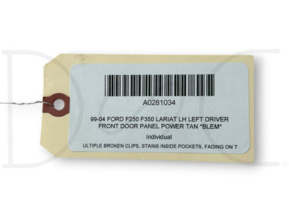 99-04 Ford F250 F350 Lariat LH Left Driver Front Door Panel Power Tan *Blem*