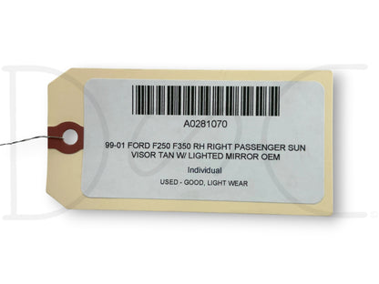 99-01 Ford F250 F350 RH Right Passenger Sun Visor Tan W/ Lighted Mirror OEM