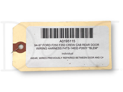 94-97 Ford F250 F350 Crew Cab Rear Door Wiring Harness F4Ts-14632-P260Y *Blem*