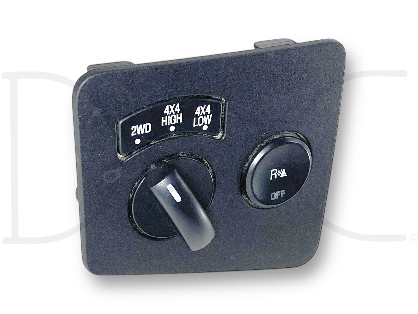 08-10 Ford F250 F350 4X4 4WD ESOF Transfer Case Switch W/ Park Sensor Button, used in good condition with light wear, black plastic panel featuring a rotary switch for 2WD, 4X4 High, 4X4 Low settings, and an adjacent park sensor button with off indicator.