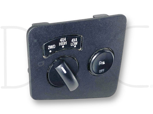 08-10 Ford F250 F350 4X4 4WD ESOF Transfer Case Switch W/ Park Sensor Button, used in good condition with light wear, black plastic panel featuring a rotary switch for 2WD, 4X4 High, 4X4 Low settings, and an adjacent park sensor button with off indicator.