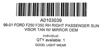 99-01 Ford F250 F350 RH Right Passenger Sun Visor Tan W/ Mirror OEM