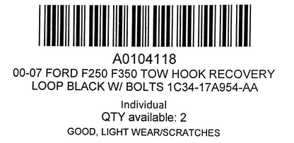 00-07 Ford F250 F350 Tow Hook Recovery Loop Black W/ Bolts 1C34-17A954-AA