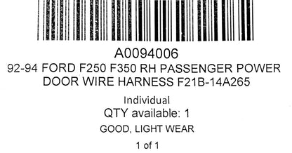 92-94 Ford F250 F350 RH Passenger Power Door Wire Harness F21B-14A265