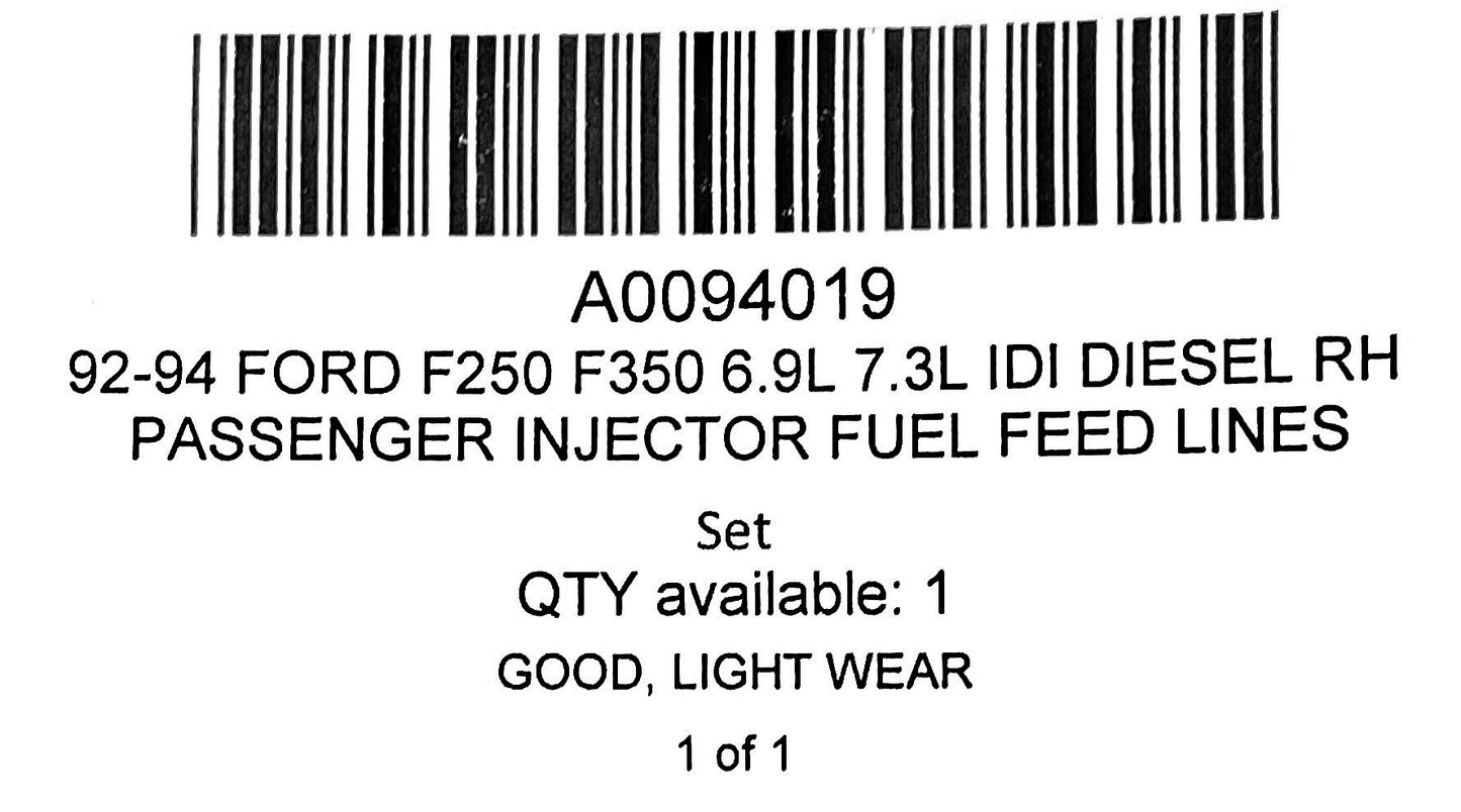 92-94 Ford F250 F350 6.9L 7.3L IDI Diesel RH Passenger Injector Fuel Feed Lines