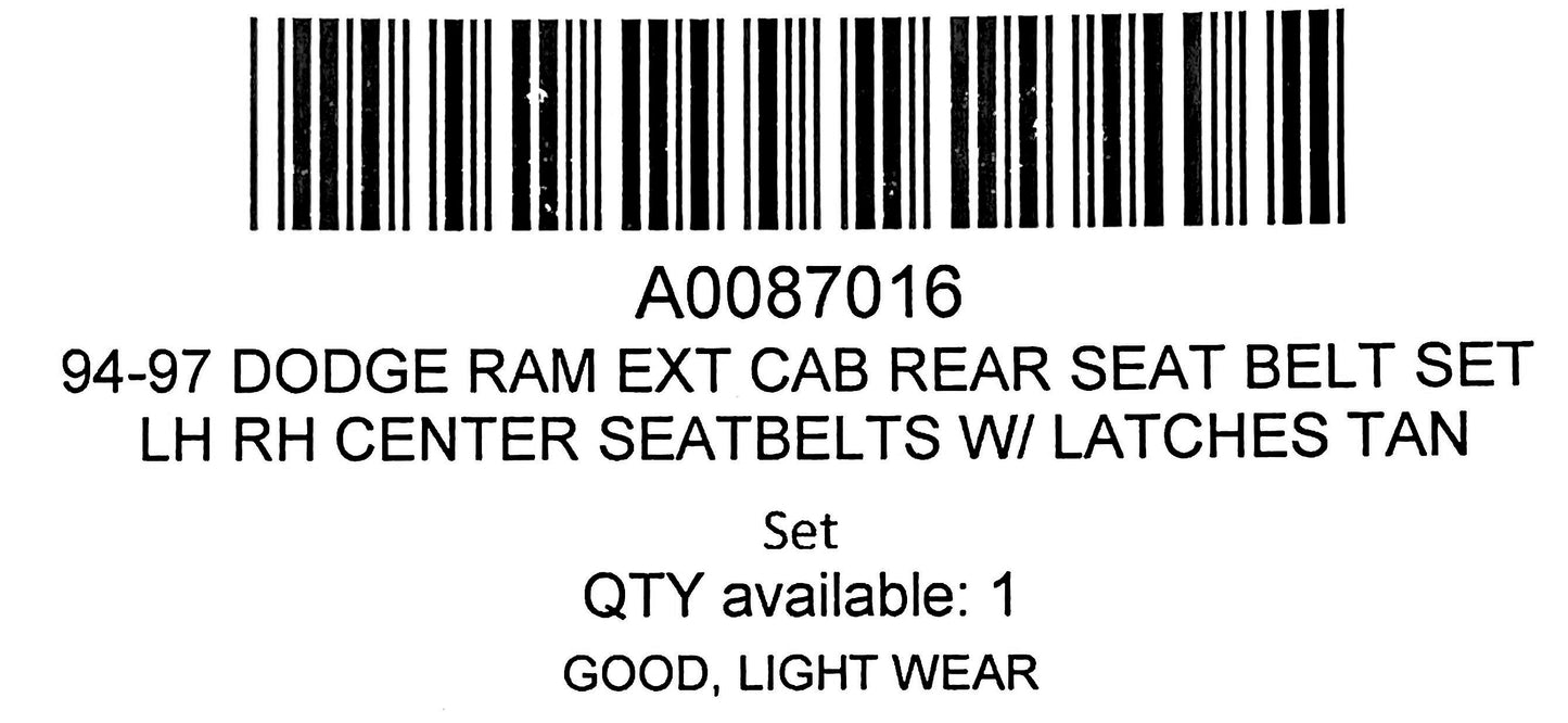 94-97 Dodge Ram Ext Cab Rear Seat Belt Set LH RH Center Seatbelts W/ Latches Tan