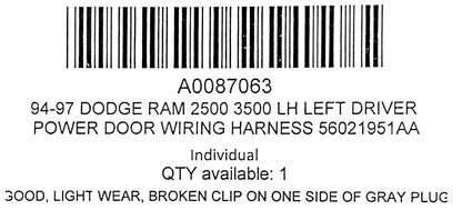 94-97 Dodge Ram 2500 3500 LH Left Driver Power Door Wiring Harness 56021951AA