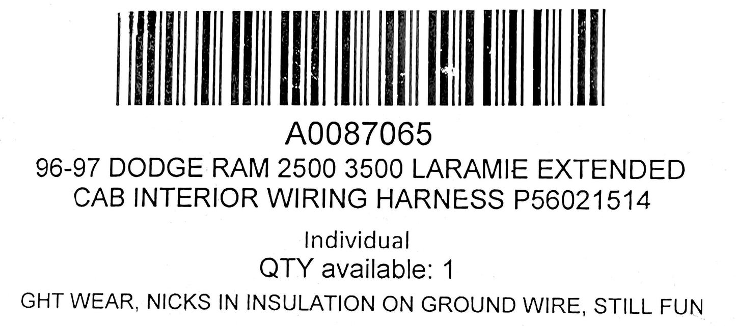 96-97 Dodge Ram 2500 3500 Laramie Extended Cab Interior Wiring Harness P56021514