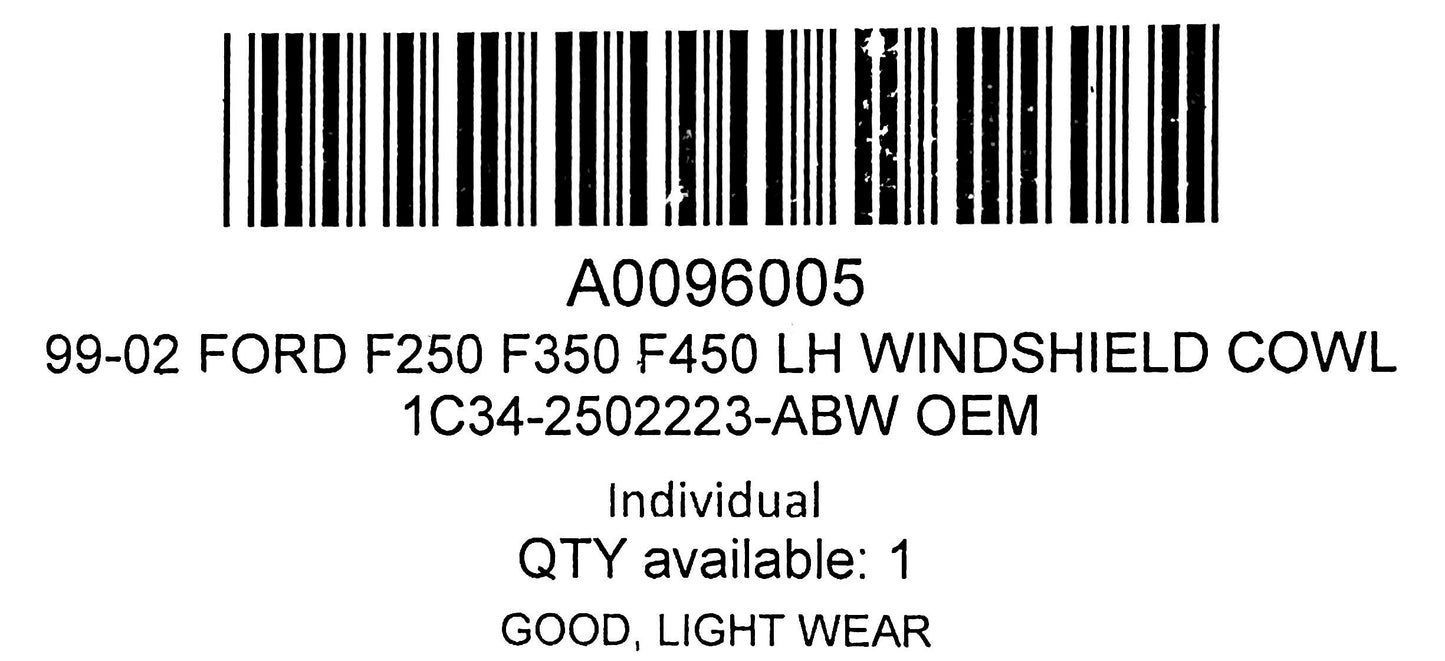 99-02 Ford F250 F350 F450 LH Windshield Cowl 1C34-2502223-ABW OEM