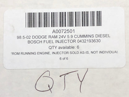 98.5-02 Dodge Ram 24V 5.9 Cummins Diesel Bosch Fuel Injector 0432193630