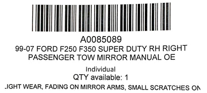 99-07 Ford F250 F350 Super Duty RH Right Passenger Tow Mirror Manual OE